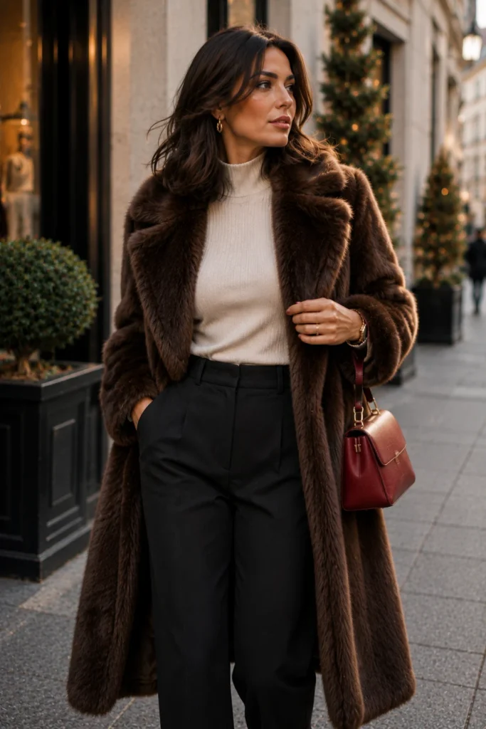 Elegant woman wearing a statement faux-fur coat with a fitted knit, sleek trousers, pointed boots, and minimalist jewelry in a modern winter fashion look.