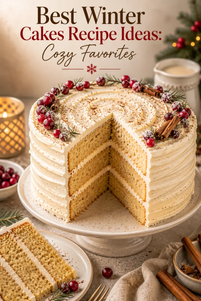 Festive eggnog cake layered with creamy nutmeg buttercream and subtle winter garnishes for Best Winter Cakes Recipe Ideas: Cozy Favorites.