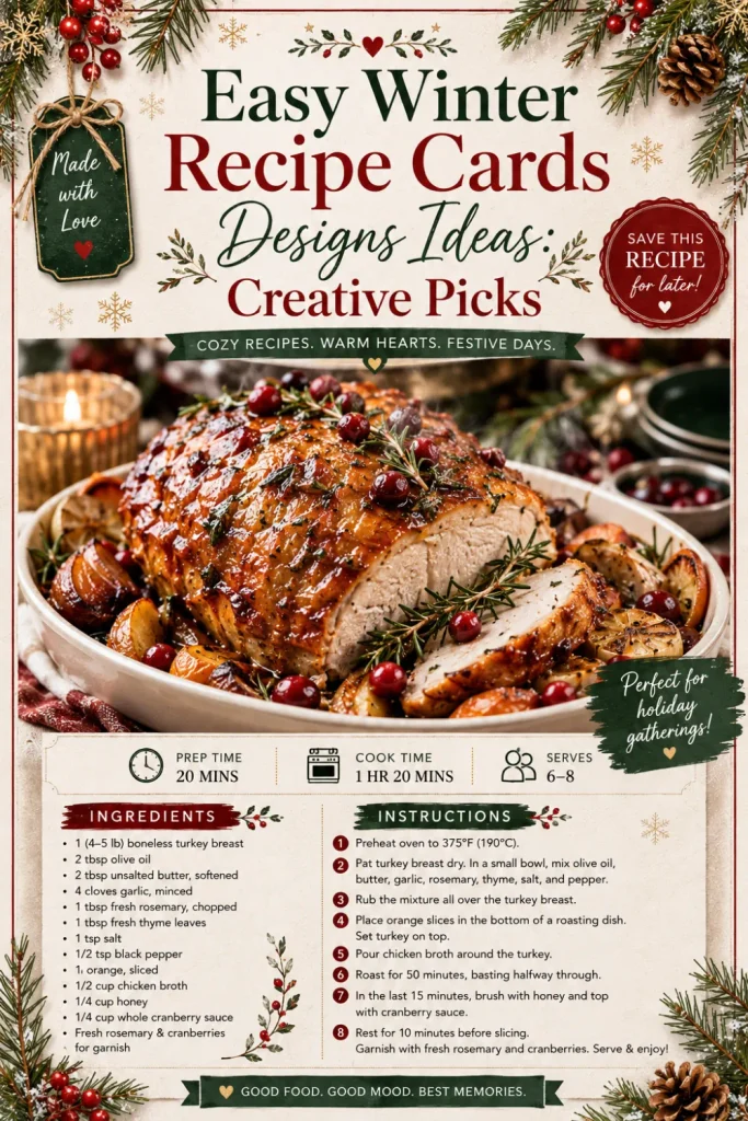 Festive red and green winter recipe card with evergreen accents, decorative border, holiday colors, and appetizing seasonal food photography.