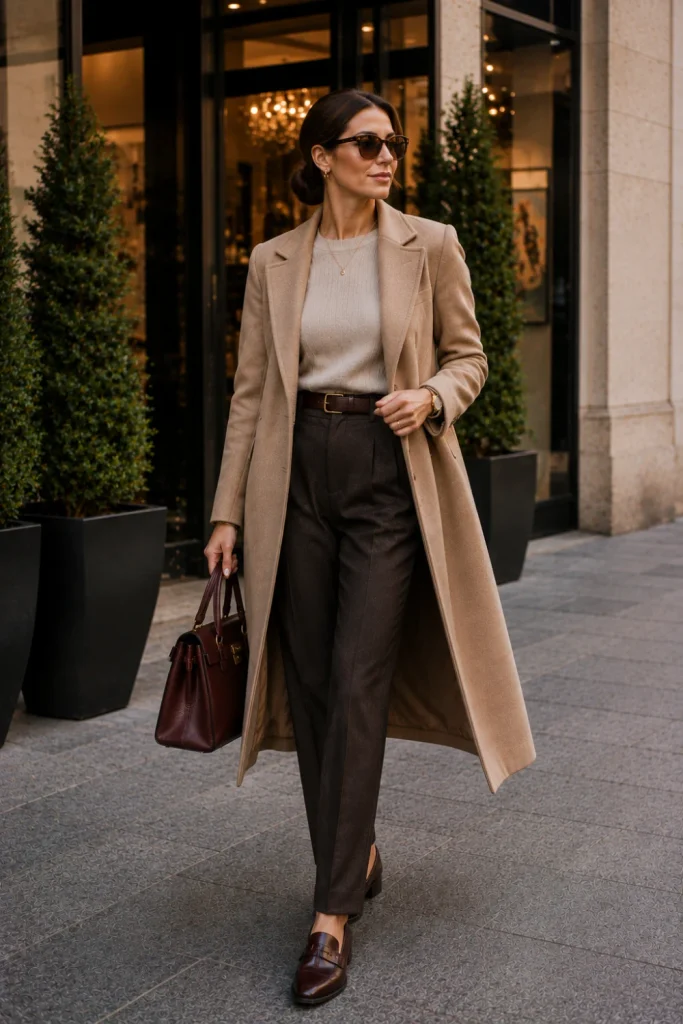 A fine-gauge sweater with pleated trousers, a long wool coat, and leather loafers in a polished modern old-money winter fashion look.