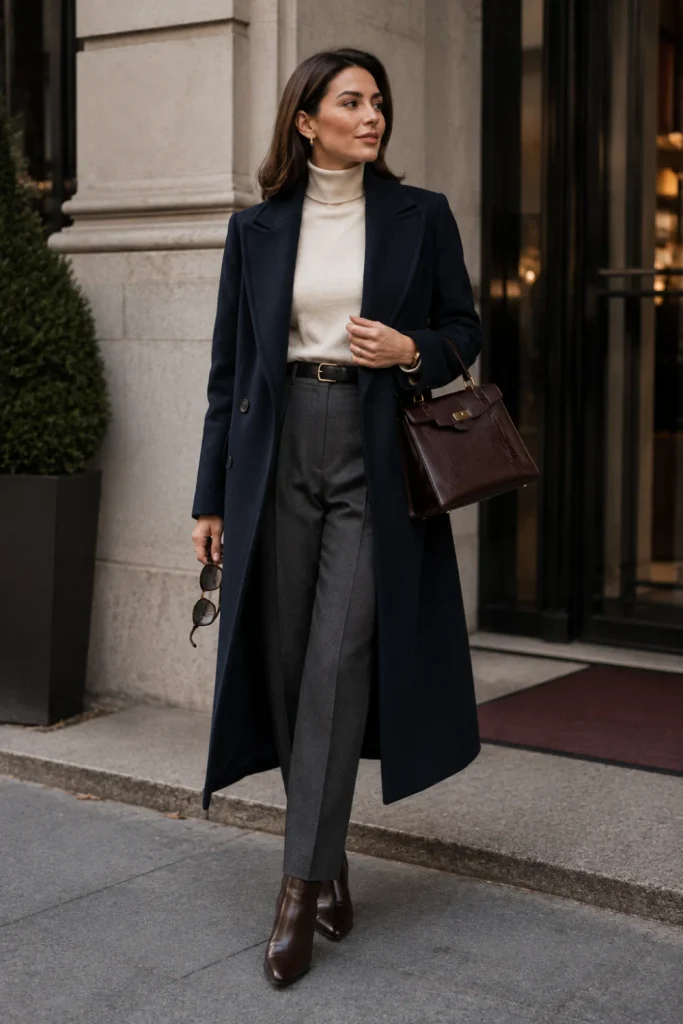 A chic fine-knit turtleneck with wool trousers, a long navy coat, and a structured handbag in a sophisticated old-money winter fashion look.