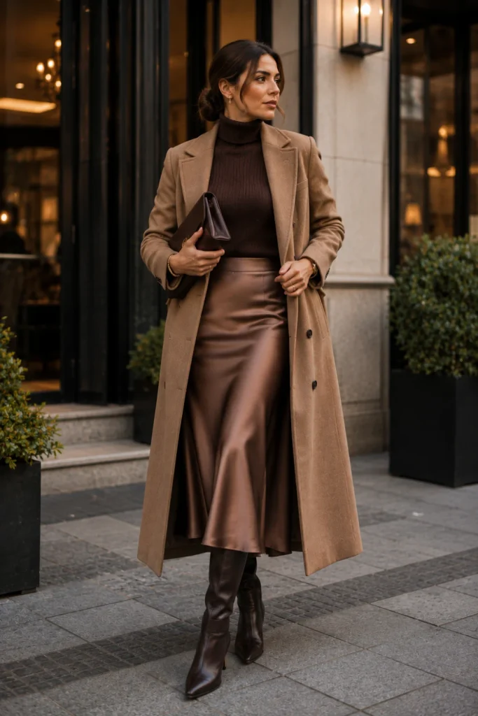 An elegant fitted turtleneck paired with a satin midi skirt, a long wool coat, and slim boots for a modern old-money winter outfit.