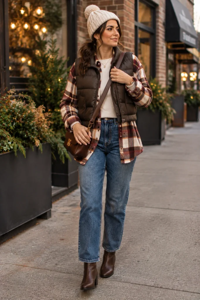 Trendy 2026 layered winter outfit featuring a cream and burgundy flannel shirt, puffer vest, straight-leg jeans, and stylish ankle boots.