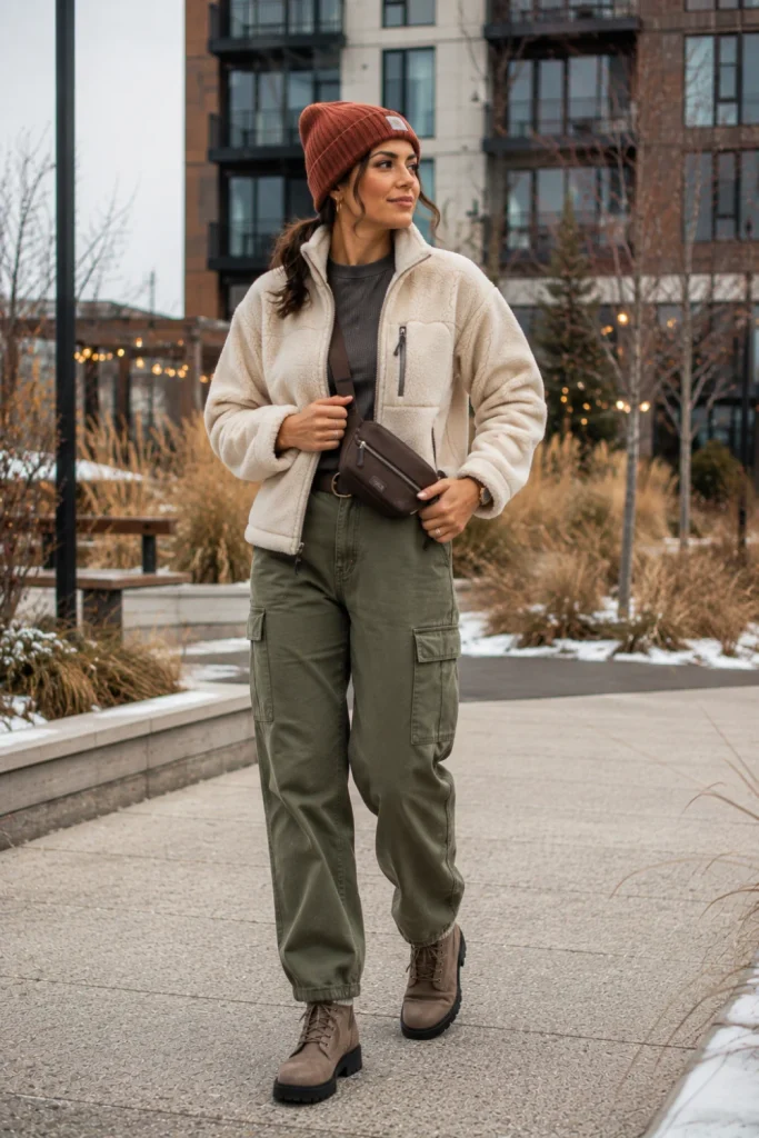 A trendy 2026 casual winter outfit featuring a cozy fleece jacket, relaxed olive cargo pants, a fitted thermal top, boots, and modern accessories.