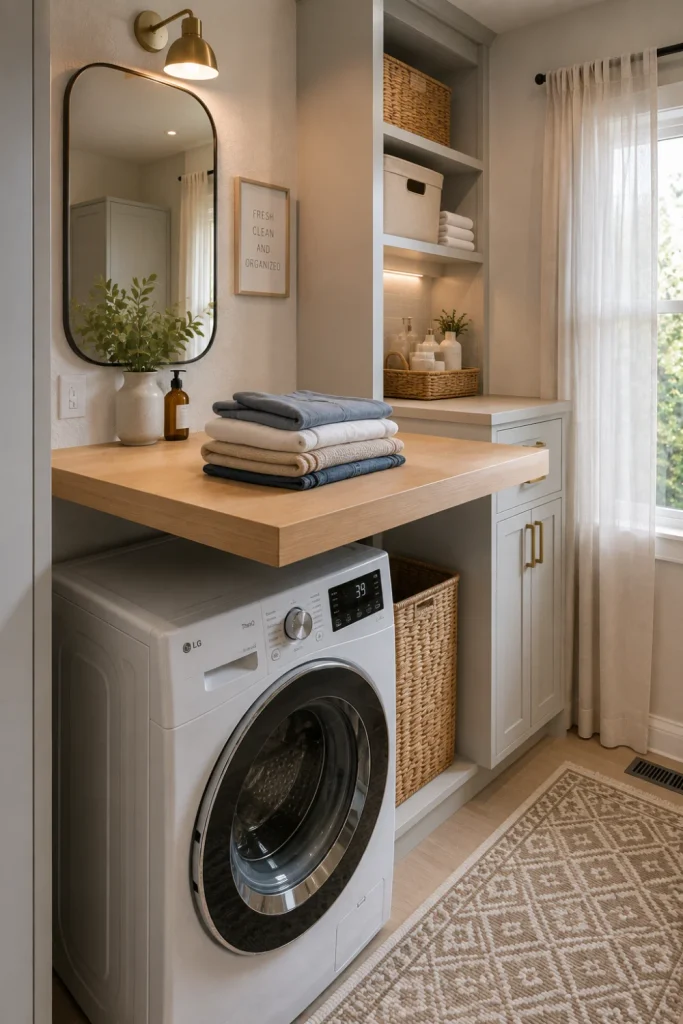 Contemporary laundry room featuring a floating folding table above the washer, white cabinetry, warm wood accents, modern lighting, and organized storage.