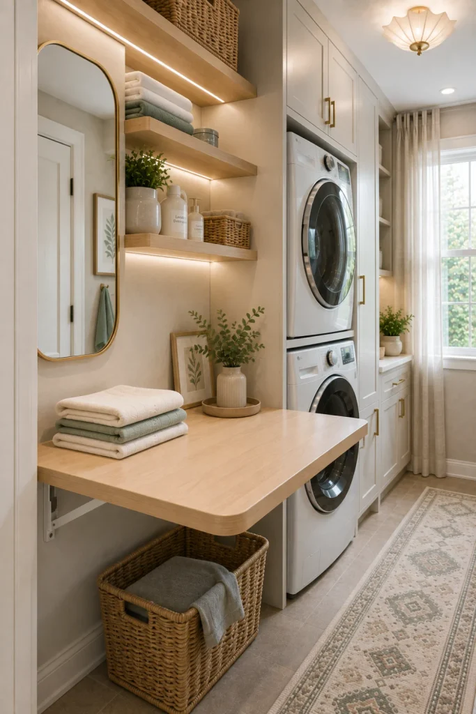 Small modern laundry room with a fold-away table, warm white cabinets, light oak accents, sage storage baskets, a contemporary mirror, and 2026 lighting.