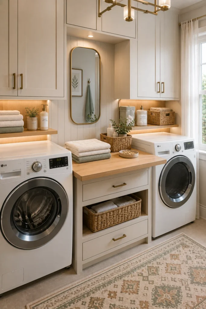 Modern laundry room with a folding table positioned between washer and dryer, warm ivory cabinetry, light oak, sage accents, woven baskets, and 2026 lighting.