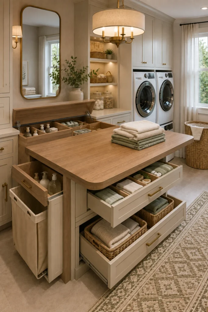 Chic modern laundry room with a folding table featuring hidden storage, ivory cabinetry, walnut accents, woven bins, sage decor, and contemporary 2026 lighting.