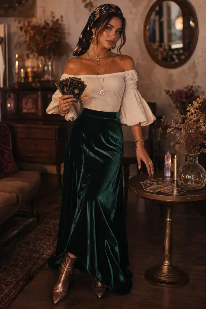 Modern fortune teller wearing a velvet maxi skirt, off-shoulder top, layered gold jewelry, and tarot cards for easy Halloween dress-to-impress outfit ideas.