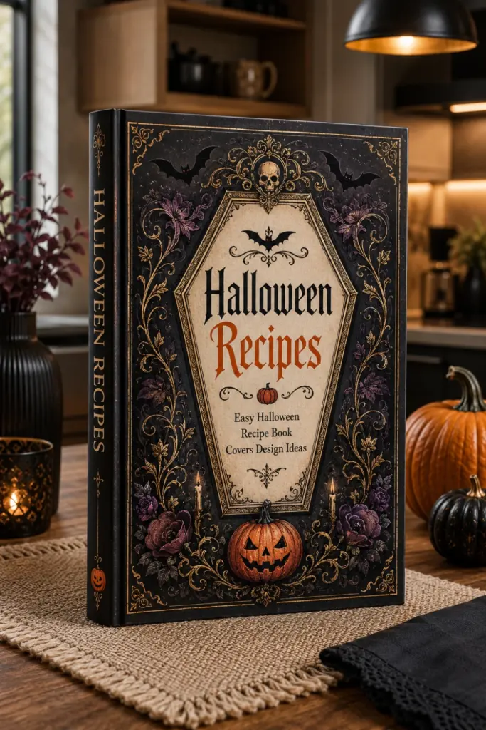 Ornate Halloween recipe book cover with a coffin-shaped frame, bold title, and tiny surrounding bats.