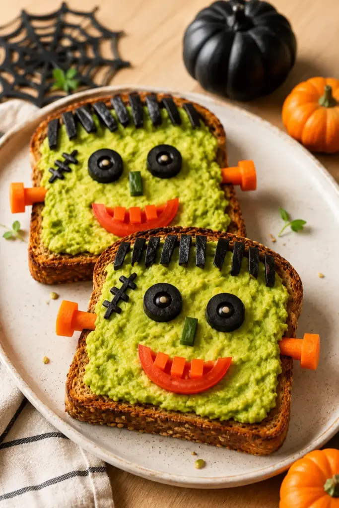 Easy Halloween Lunch Recipe Ideas: Fun Favorites showing Frankenstein avocado toast decorated with olive eyes, a tomato mouth, and carrot bolts.