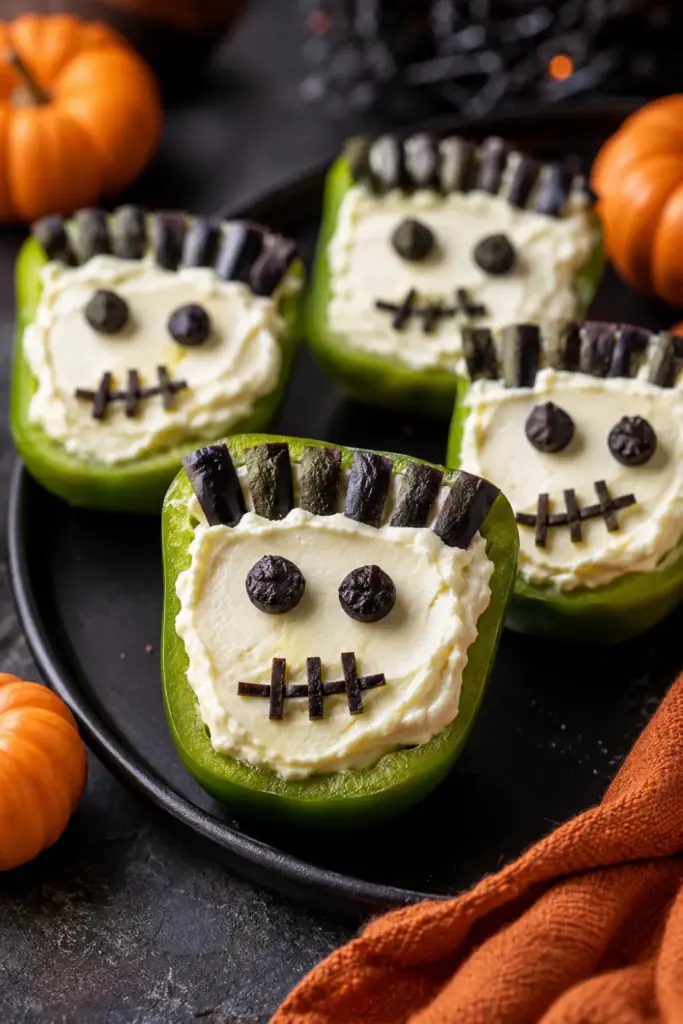 Ultra-realistic Frankenstein bell pepper bites topped with creamy cheese and black olive hair and stitches, styled as colorful Halloween appetizers for a festive party platter.