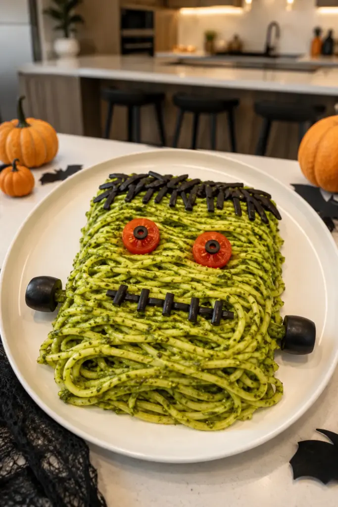 Easy Halloween Lunch Recipe Ideas: Fun Favorites featuring green pesto Frankenstein pasta decorated with black olive bolts and cherry tomato eyes.