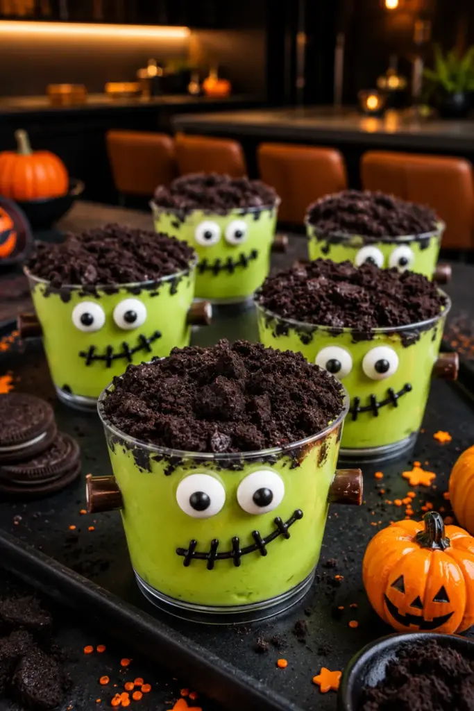 Green Frankenstein pudding cups topped with crushed Oreo cookie hair and candy eyes on a modern Halloween dessert table.