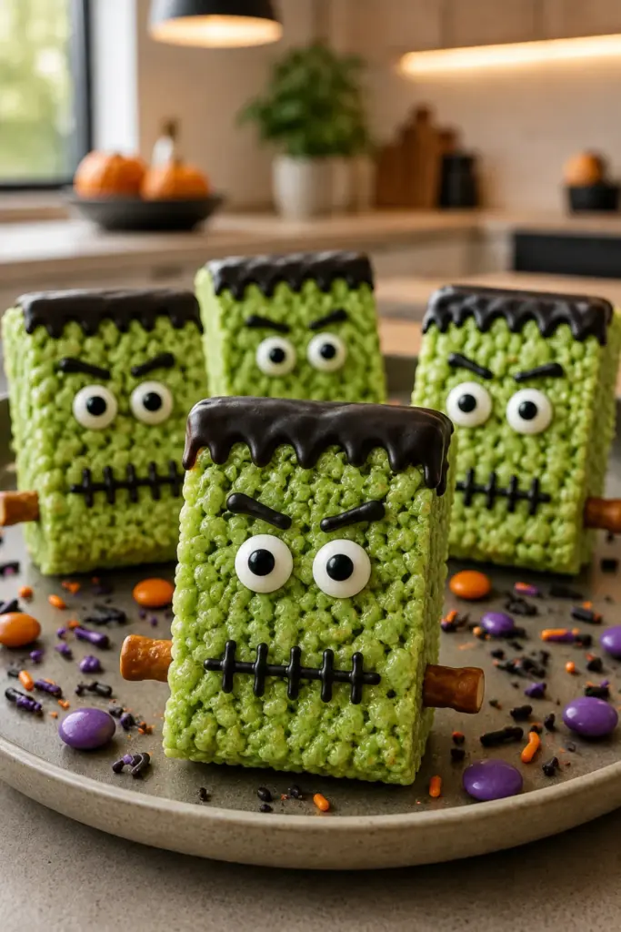 Frankenstein Rice Krispie Treats with green coloring, black icing hair, candy eyes, and spooky facial details.
