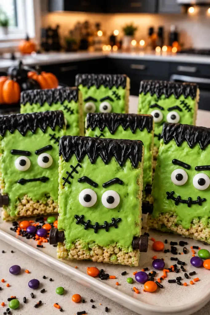 Frankenstein Rice Krispie treats coated in green with candy eyes and black icing hair make a fun Halloween dessert.