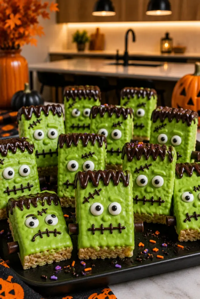 Frankenstein Rice Krispie Treats coated in green candy melts with chocolate hair, eyes and scar decorations.