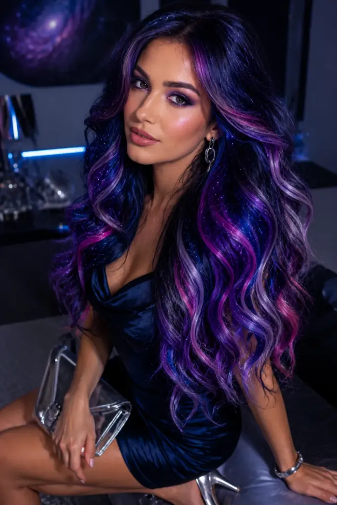 Colorful galaxy nebula hair with purple, blue, pink, and silver dimension for Easy Best Halloween Hair Design Ideas for stunning looks.