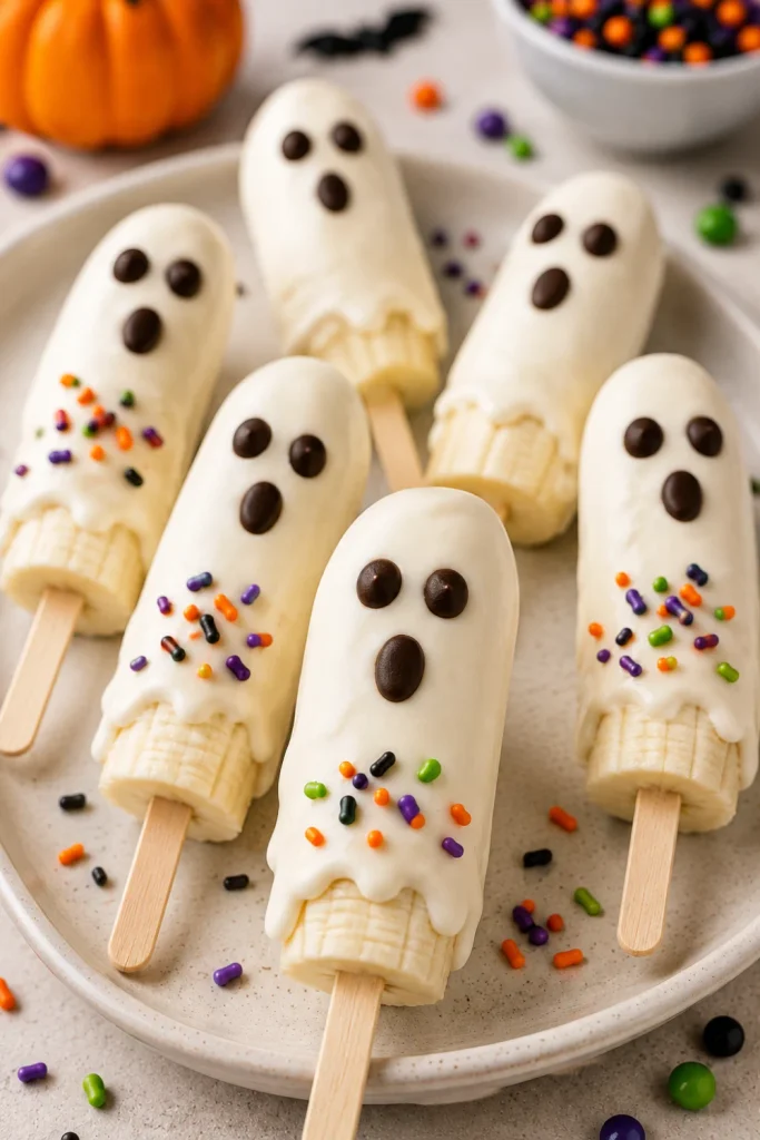 Frozen ghost banana pops coated in a creamy white topping with chocolate ghost faces, a simple spooky Halloween snack for kids.