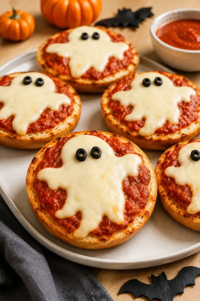 Easy Halloween Lunch Recipe Ideas: Fun Favorites featuring mini pizza bagels topped with melted ghost-shaped mozzarella and black olive eyes.