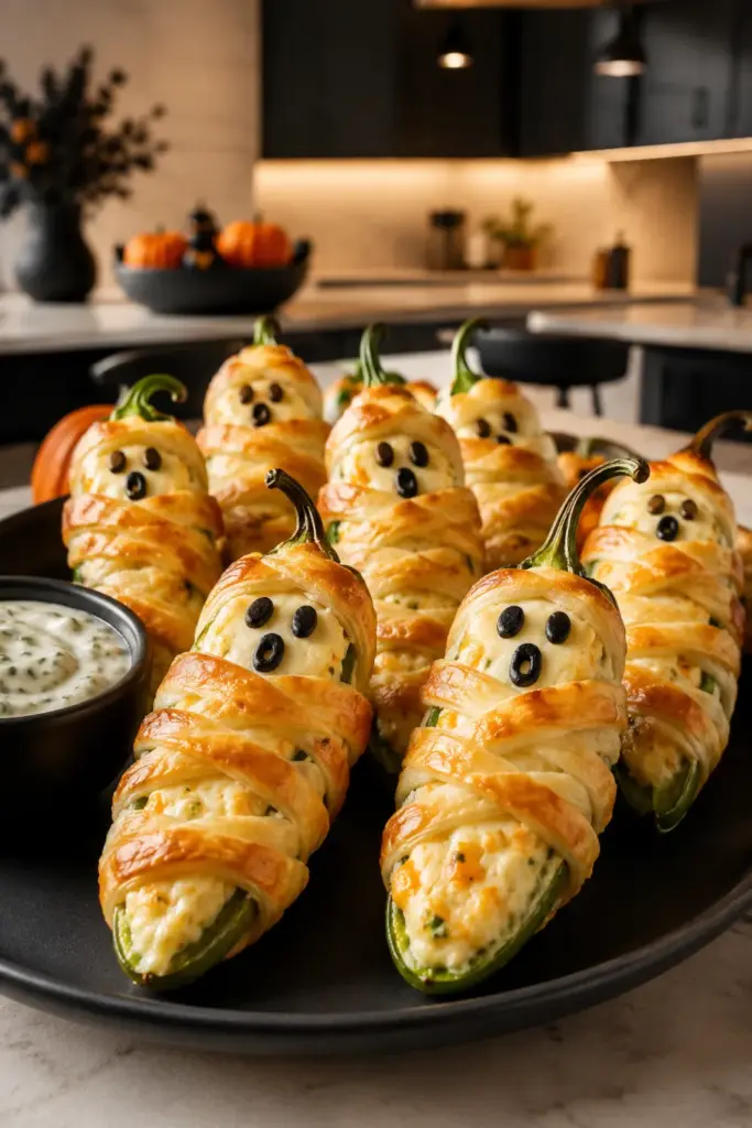 Ghost poppers wrapped in golden puff pastry and filled with creamy jalapeño cheese, decorated with spooky faces for Halloween.