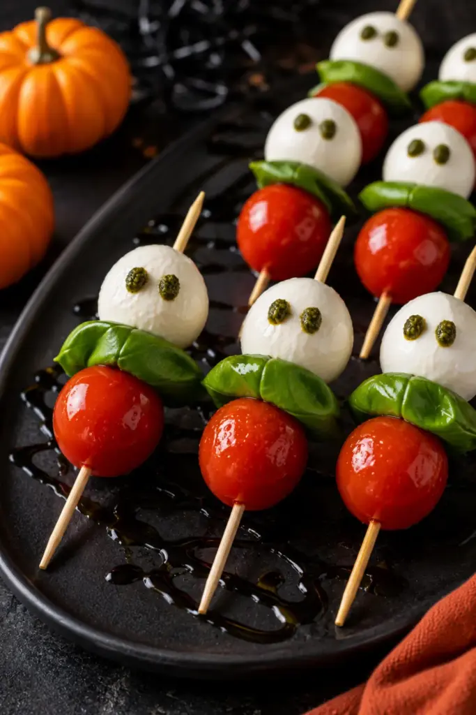 Ghostly Caprese Skewers with cherry tomatoes, mozzarella pearls, fresh basil, and pesto eyes, styled as elegant Halloween appetizers on a festive party platter.