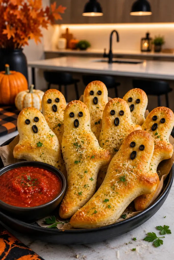 Ghostly garlic breadsticks with mozzarella ghost faces served with warm marinara dipping sauce for Halloween.