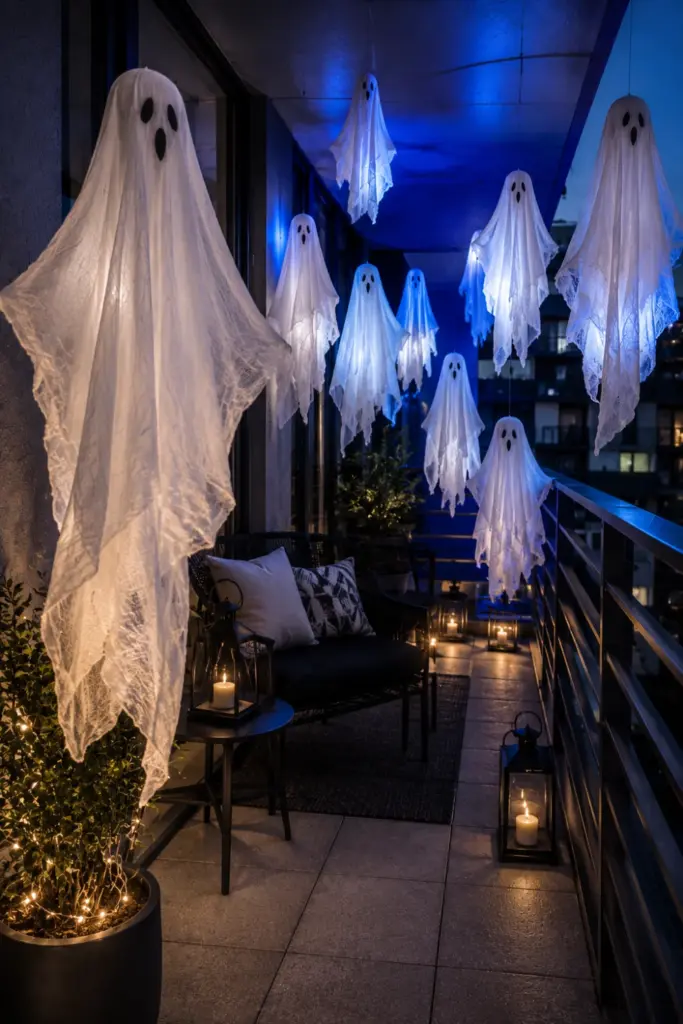 Contemporary Halloween balcony featuring floating white sheet ghosts at different heights with cool blue ambient lighting.