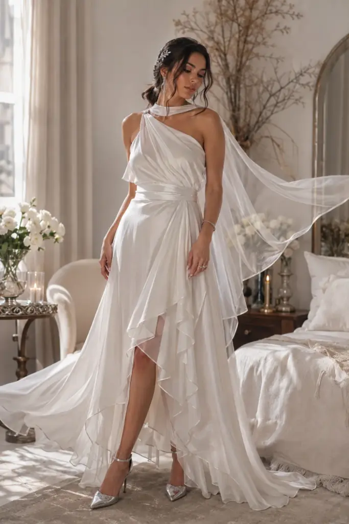 Elegant ghostly glam Halloween outfit with a flowing white dress, ethereal makeup, and silver accessories for easy Halloween dress-to-impress outfit ideas.