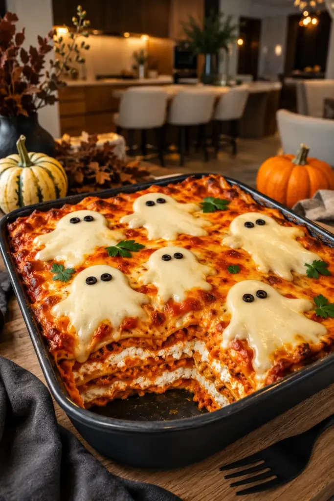 Ghostly lasagna layered with pumpkin-tomato sauce and ghost-shaped cheese toppers for Halloween dinner.