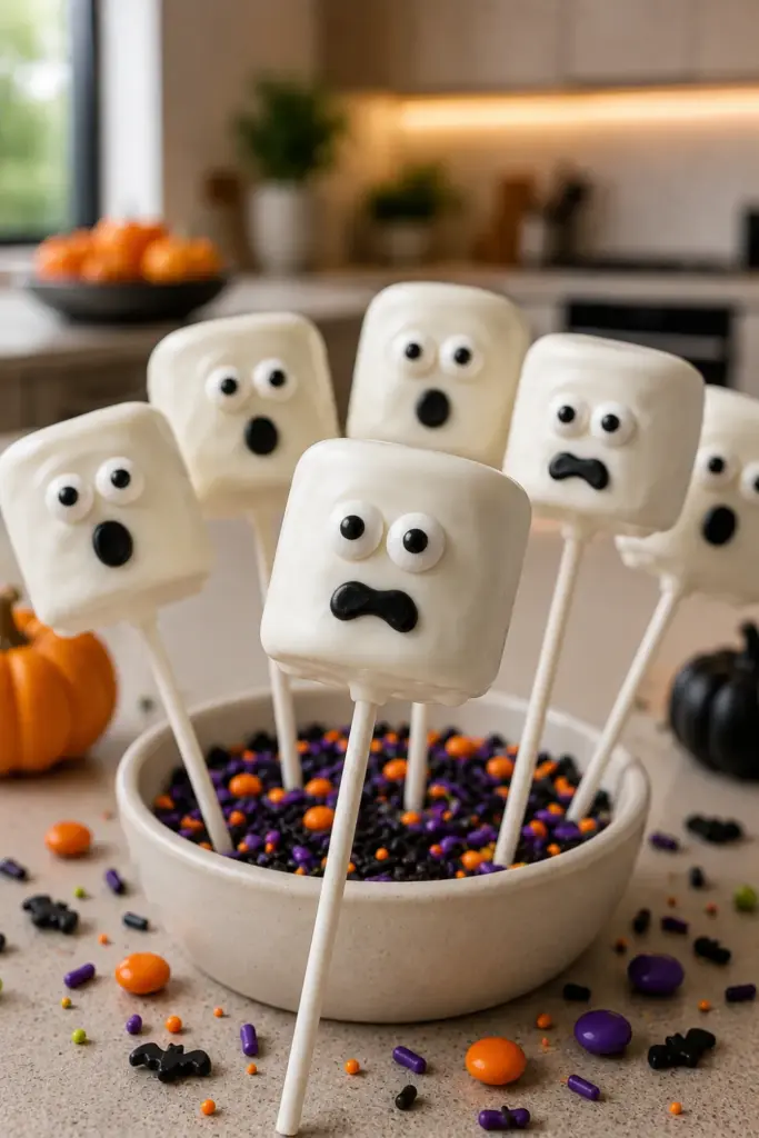 Ghostly Marshmallow Pops dipped in white chocolate with candy eye faces for an easy Halloween candy party treat.