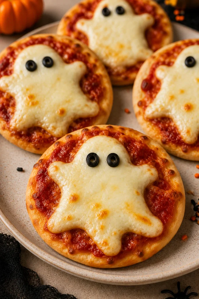 Ghostly Mini Pizzas with melted mozzarella ghosts and black olive eyes on golden mini pizza bases are a fun Halloween recipe for kids.