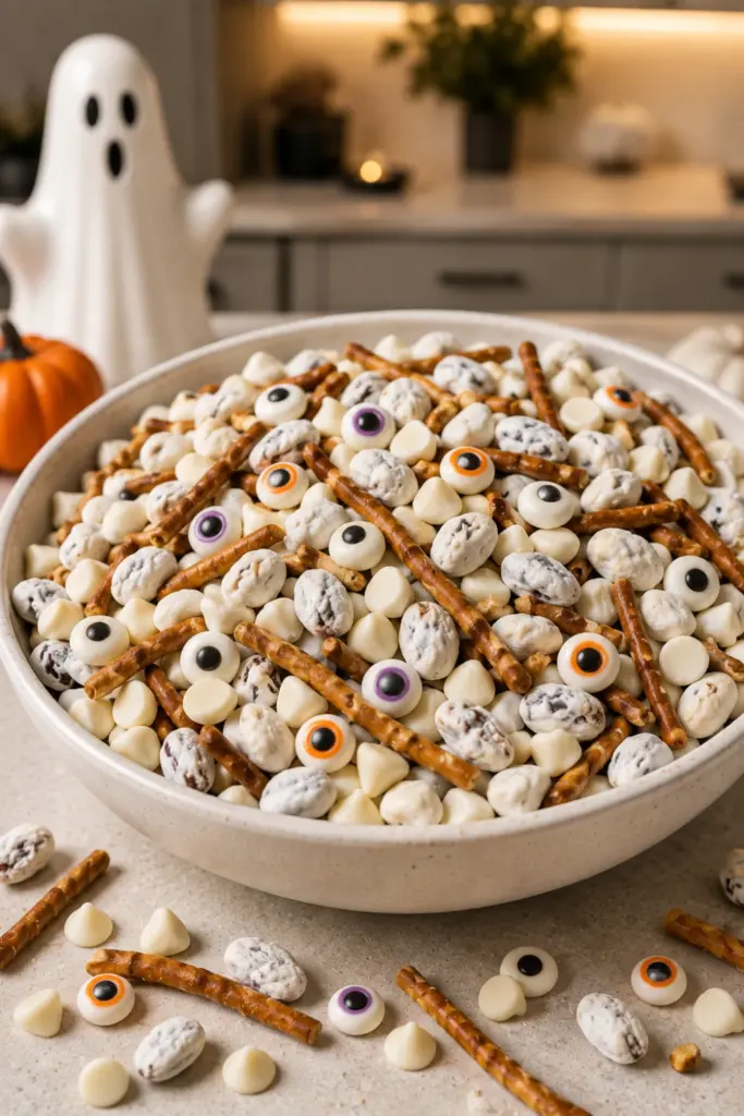 Ghostly White Chocolate and Pretzel gluten-free Halloween trail mix with pretzel sticks, white chocolate chips, yogurt-covered raisins, and candy eyeballs.