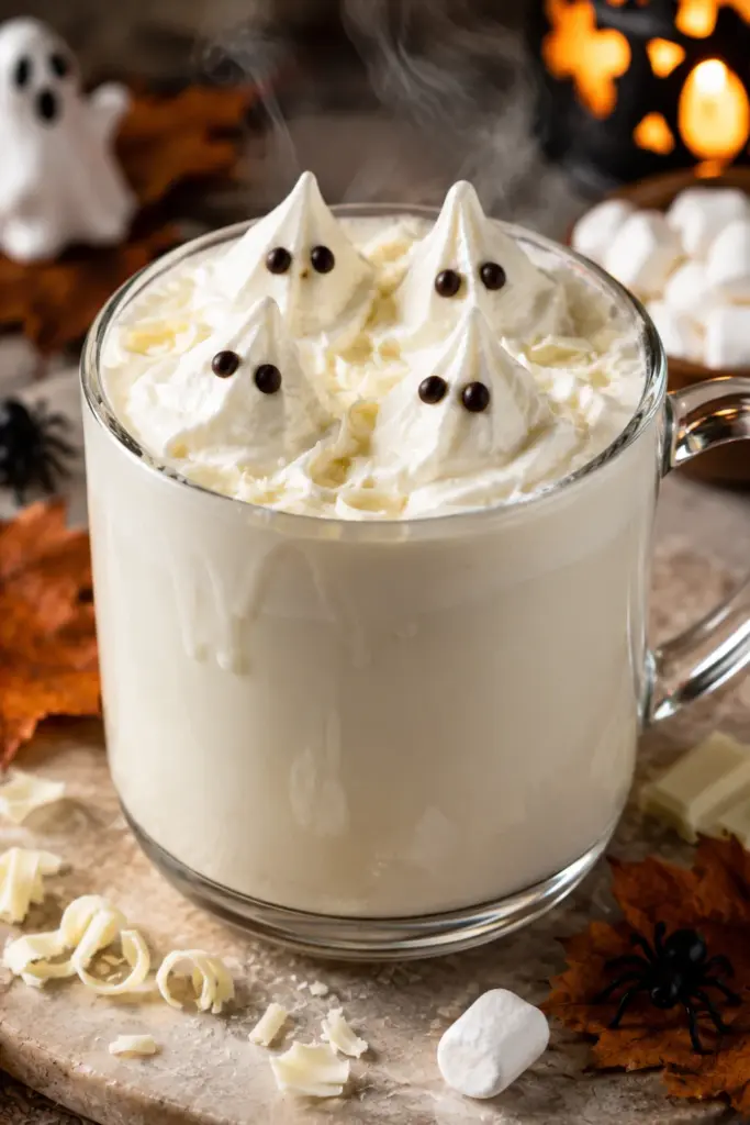 Ghostly white hot chocolate topped with whipped cream ghosts, white chocolate, milk, vanilla, and chocolate-chip eyes in a cozy Halloween setting.