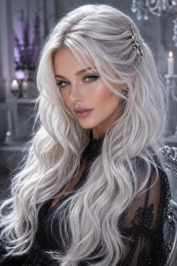 Icy white platinum waves with silver highlights for Easy Best Halloween Hair Design Ideas for Stunning Looks