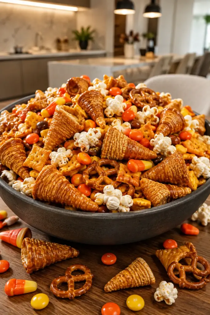 Ghoulishly Good Halloween Mix with caramel-coated Bugles, popcorn, cheese crackers, pretzels, candy corn, and Reese's Pieces for easy Halloween candy mix ideas for parties.
