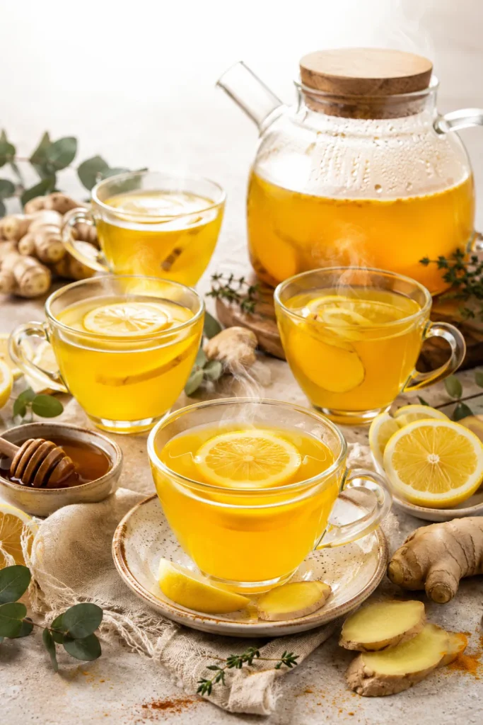 Golden ginger turmeric tea with lemon and honey served warm in elegant cups for a cozy winter gathering.