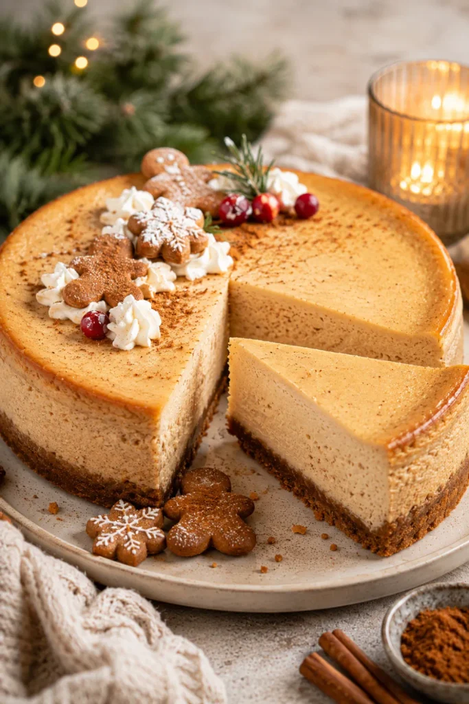 Gingerbread winter cheesecake with warm spices, creamy vanilla filling, spiced crust, and festive holiday presentation.
