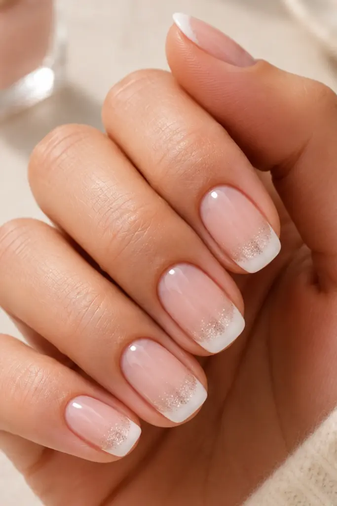 Classy glitter gradient French tip nails with subtle silver shimmer over a nude base for school.
