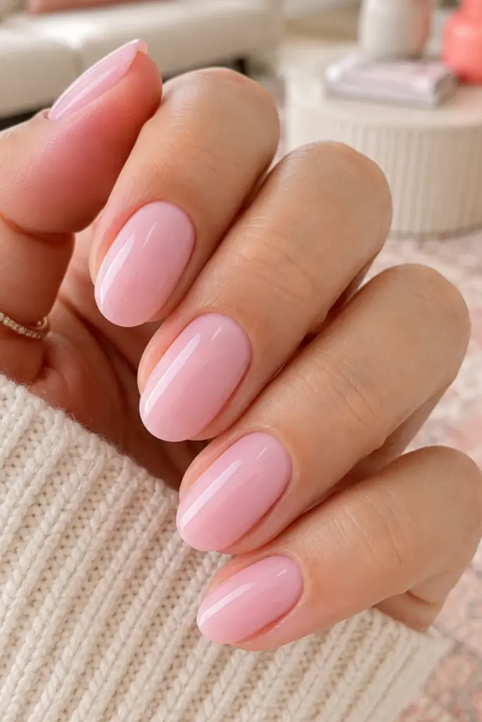 Glossy baby pink clean girl nails with a soft feminine finish for back-to-school style.