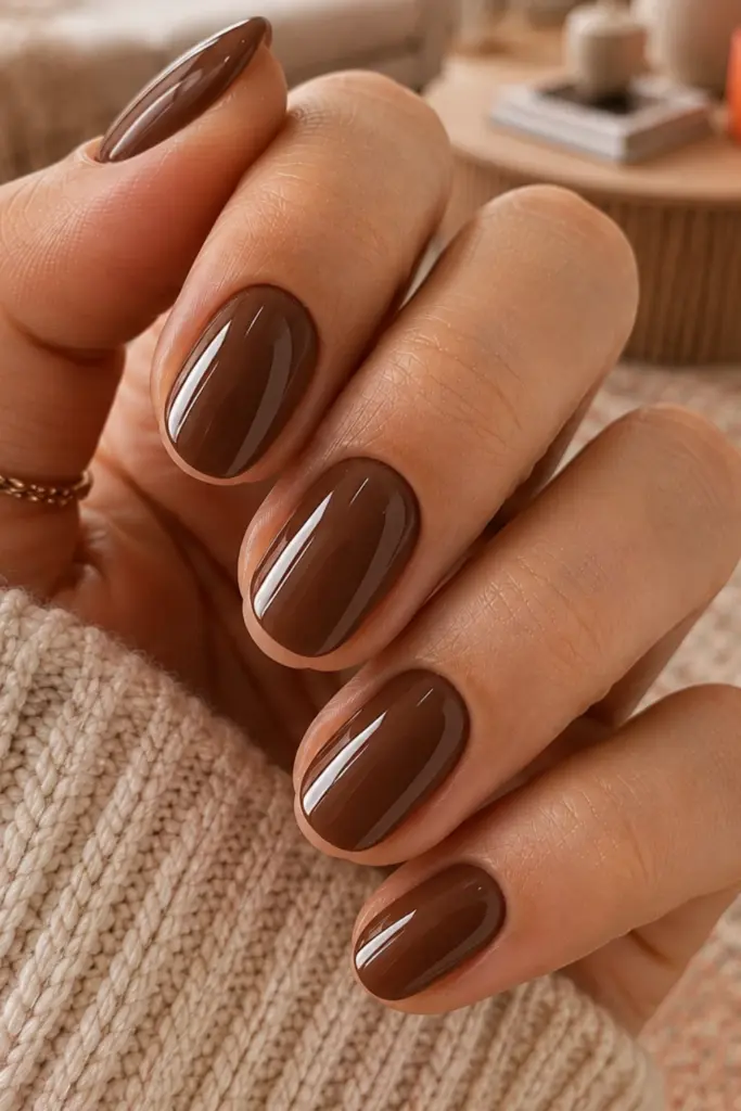 Glossy cocoa brown clean girl nails with a creamy finish for a warm and stylish back-to-school manicure.