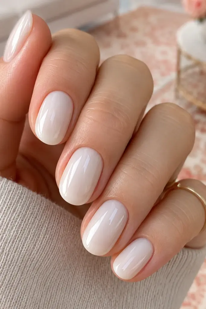 Glossy milky-white clean girl nails for a polished and minimal back-to-school manicure.