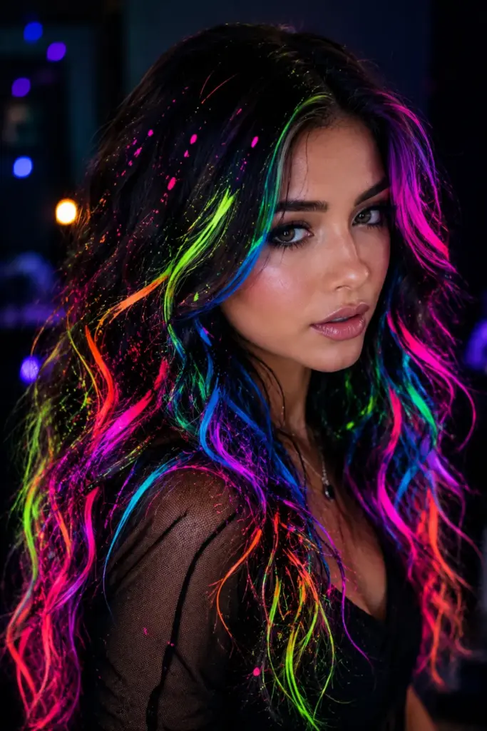 Colorful glow-in-the-dark splatter hairstyle with vivid UV accents for Easy Best Halloween Hair Design Ideas for Stunning Looks