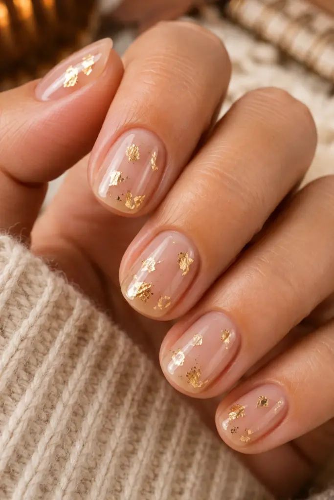Elegant short clear nails with delicate irregular gold foil flakes for a classy fall manicure.
