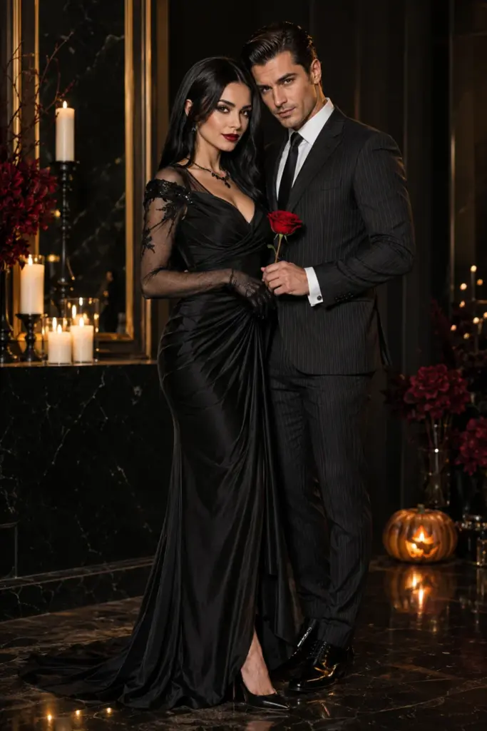 Modern gothic couple Halloween costume with a sleek black gown, contemporary pinstripe suit, polished styling, and dramatic romantic Halloween details.