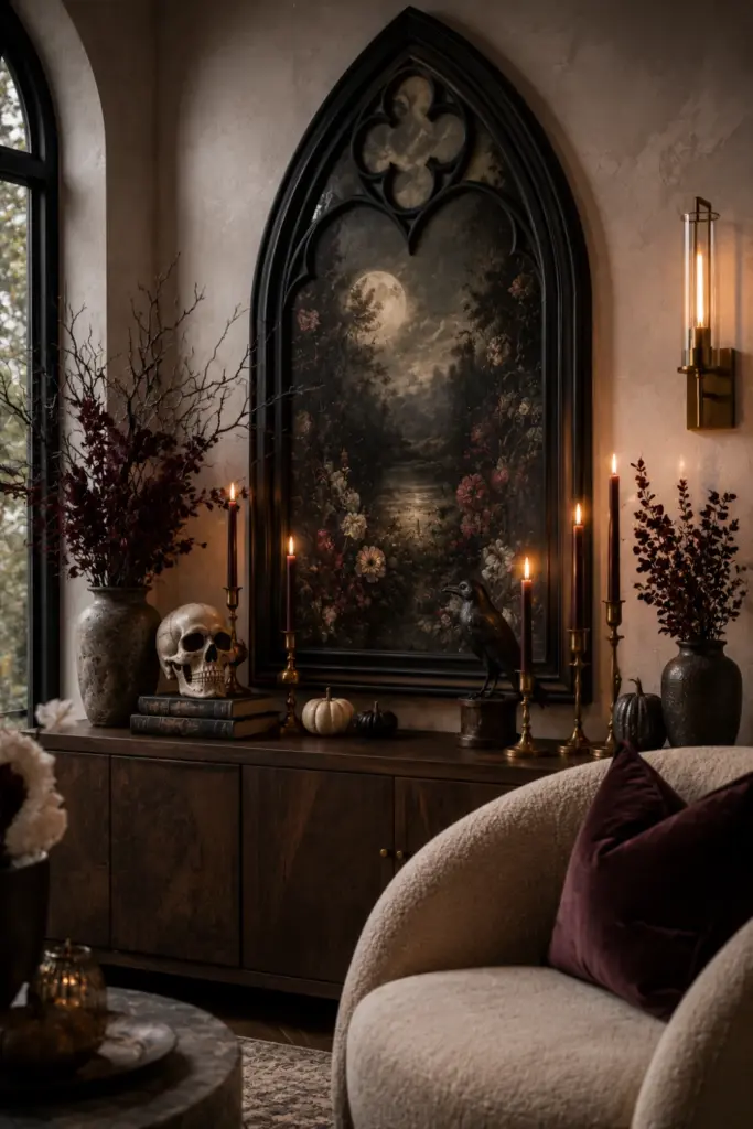 Gothic arched window frame with dark romantic artwork, sculptural décor, candles, and modern accents for Best Halloween Aesthetic Design Ideas for Every Home.
