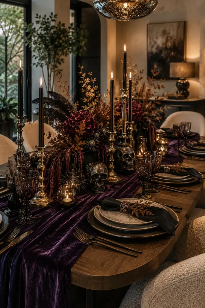 Gothic glam Halloween tablescape with emerald velvet, brass candlesticks, black candles, and moody autumn accents for Best Halloween Aesthetic Design Ideas for Every Home.
