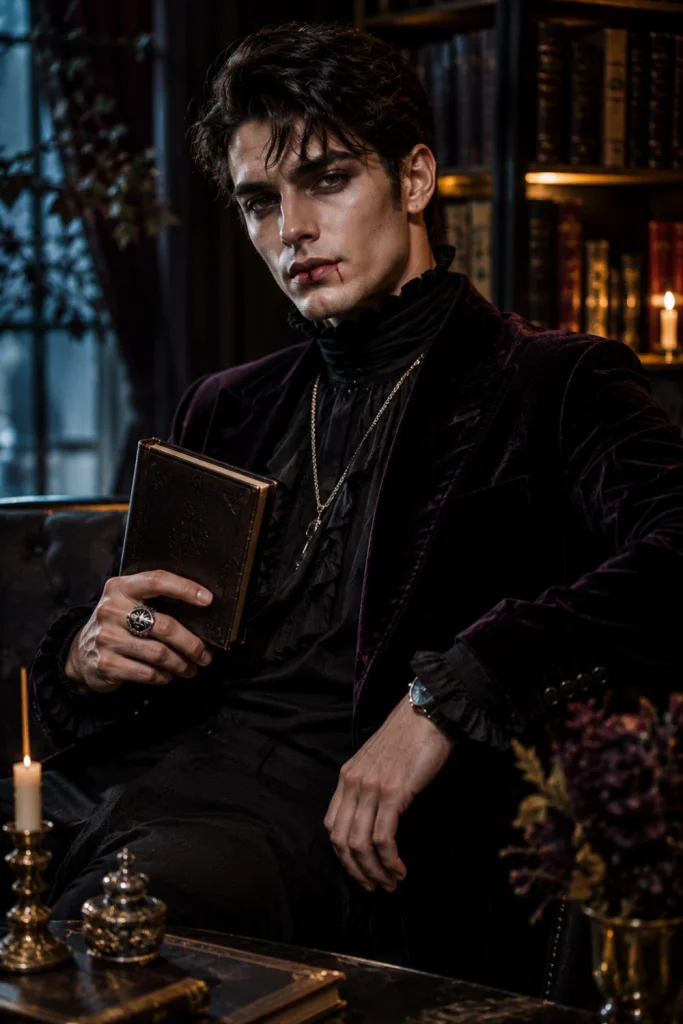 Stylish gothic poet vampire Halloween outfit for men with a black turtleneck, velvet blazer, pale makeup, burgundy accents, and vintage-inspired accessories.