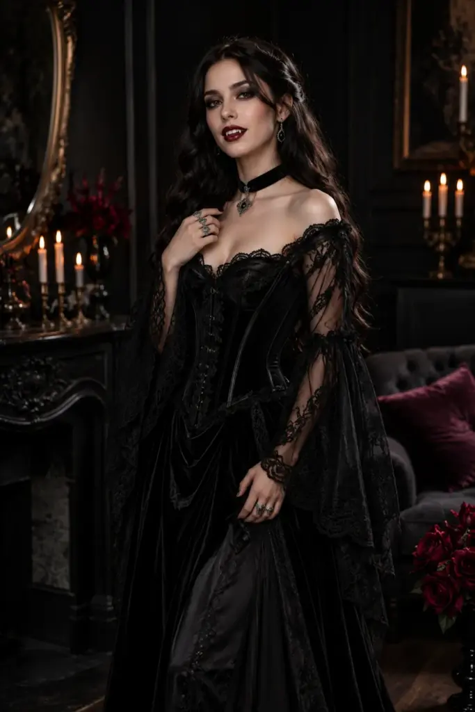 Gothic vampire queen in a flowing black gown with lace sleeves, corset, velvet details, dramatic dark makeup, and modern 2026 styling.