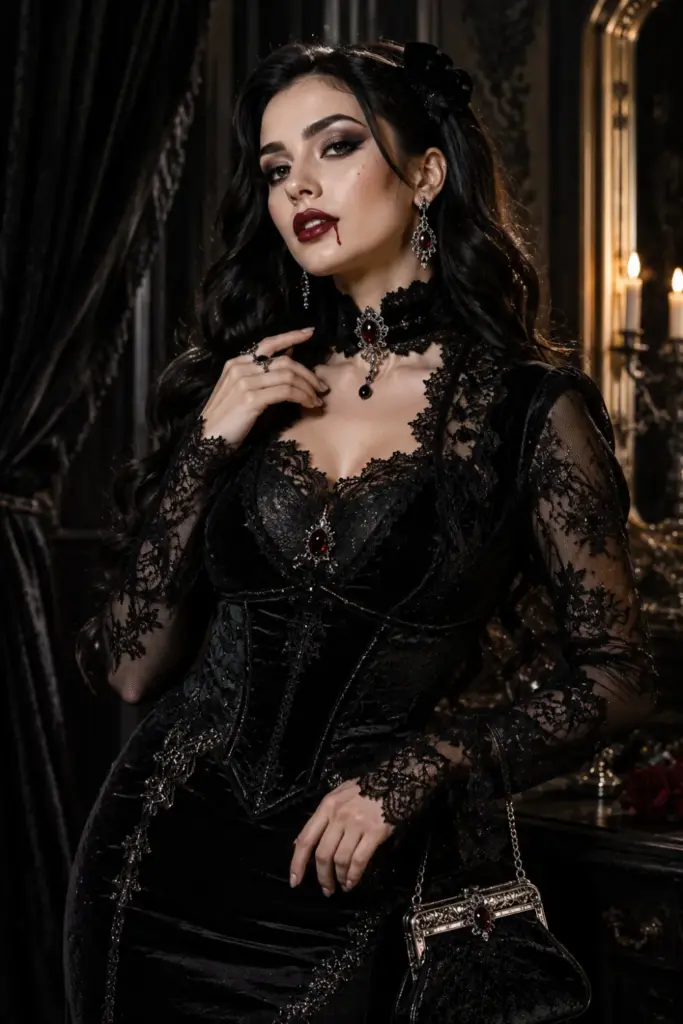 A Gothic Victorian vampire Halloween outfit with a black lace velvet dress, dramatic makeup, a choker, antique jewelry, and modern 2026 styling.